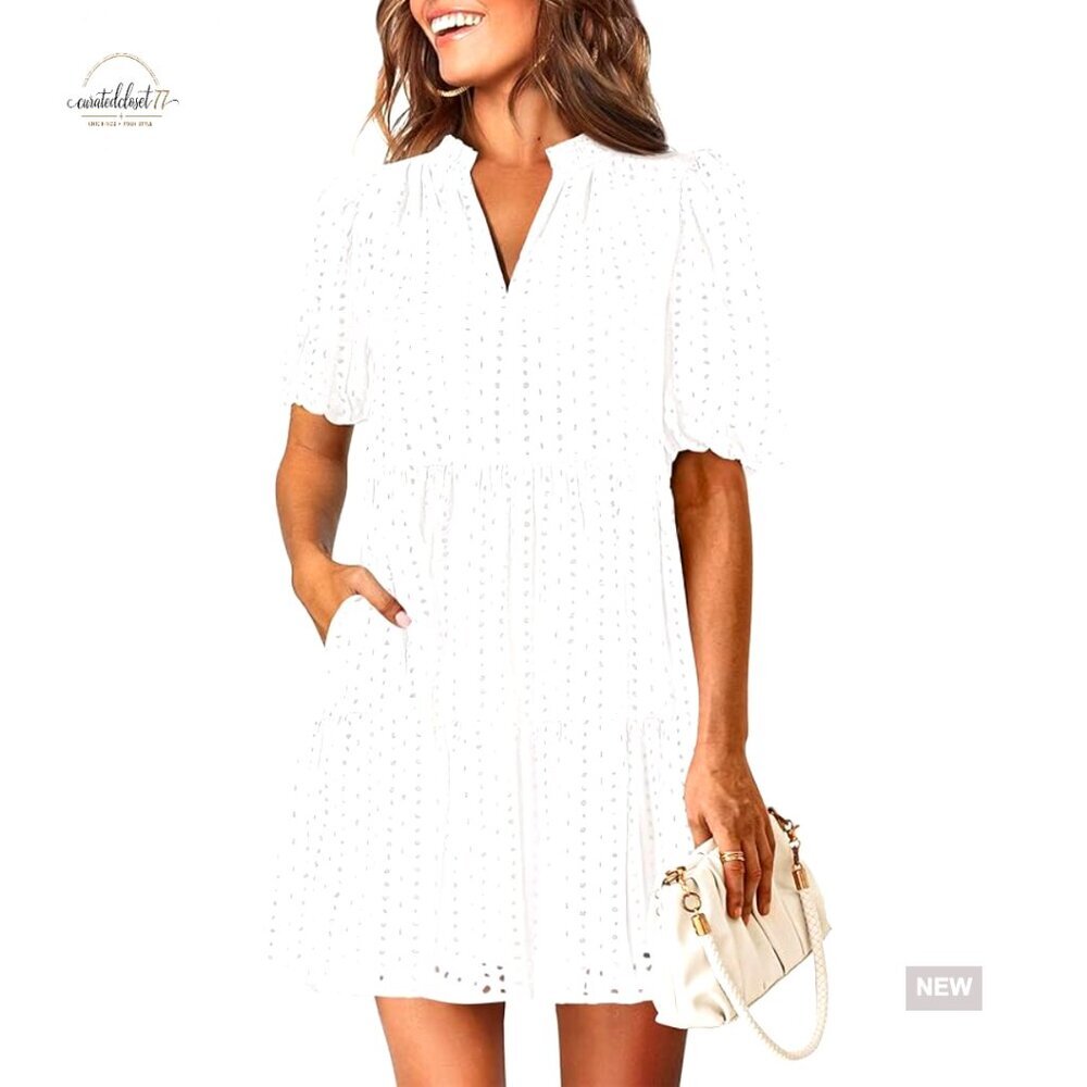 Mini Shift Dress with Lace Eyelet Details, V-Neck, Pockets, Cotton
